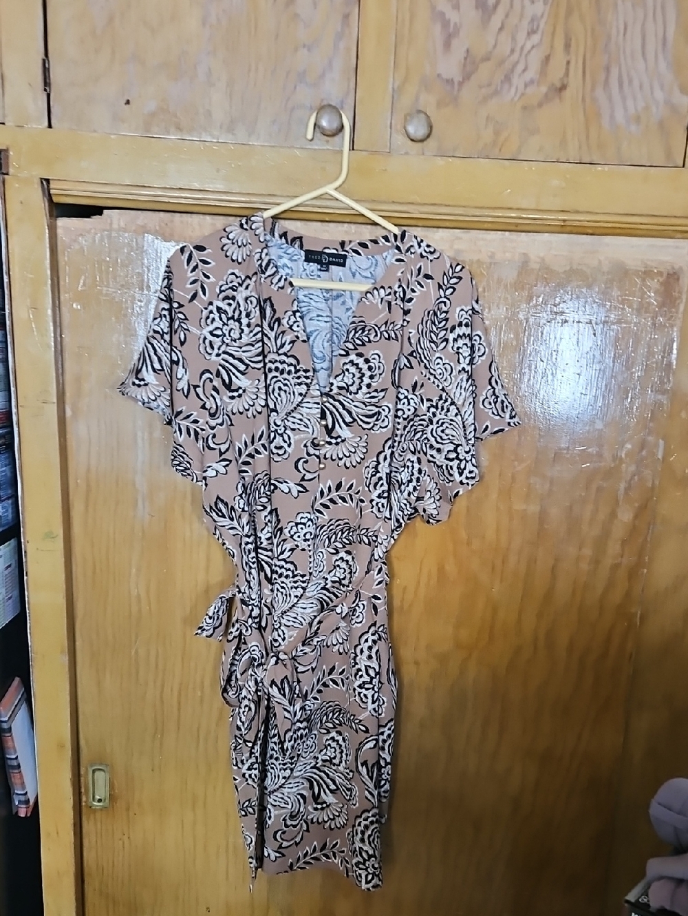 Fred David Beige and Black And Cream Colored Floral Midi Dress